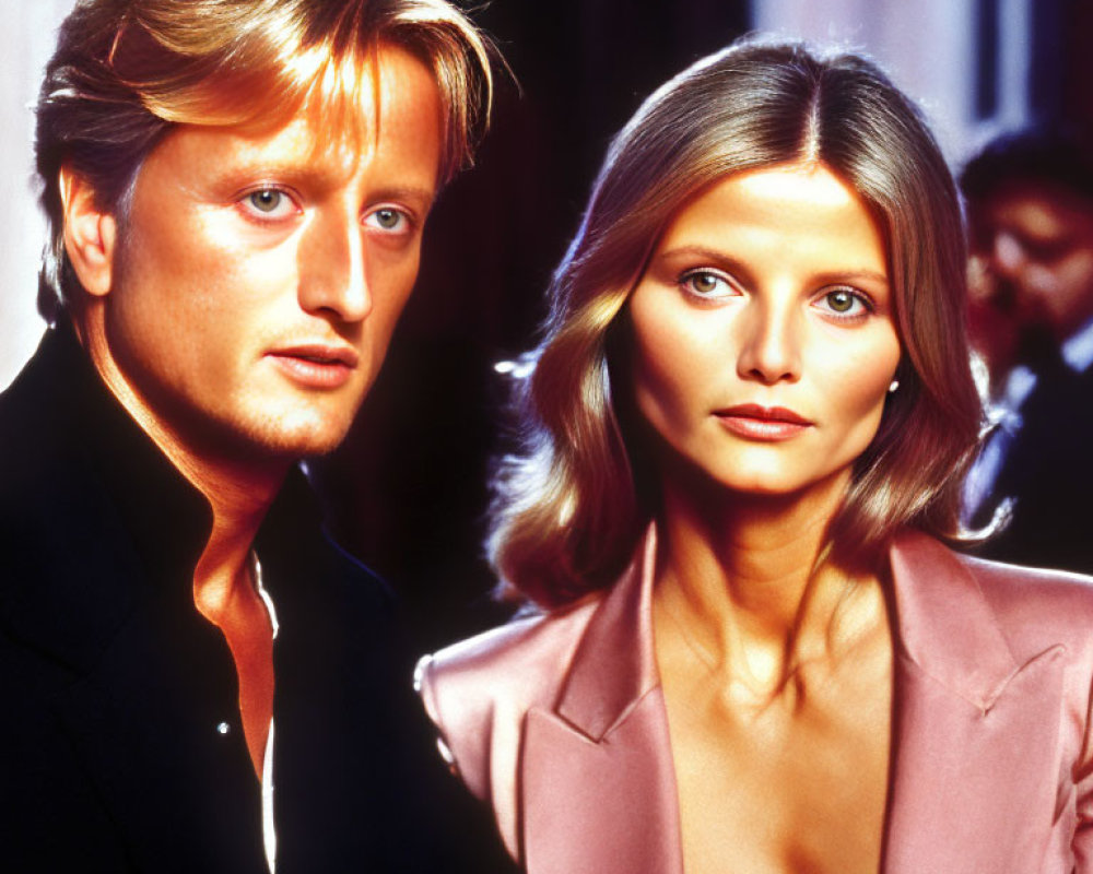 Blond man and brunette woman in smart casual attire with blurred crowd.