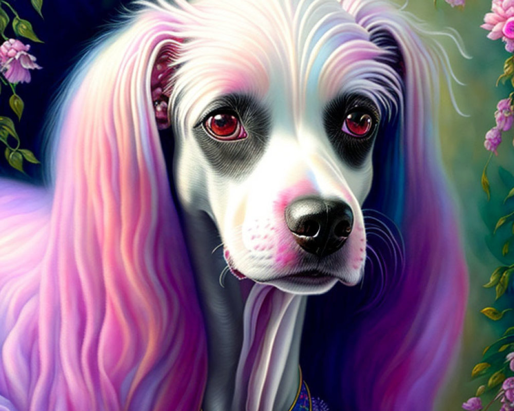 Illustration of a pink and white haired dog in purple top with gold pendant and flowers.