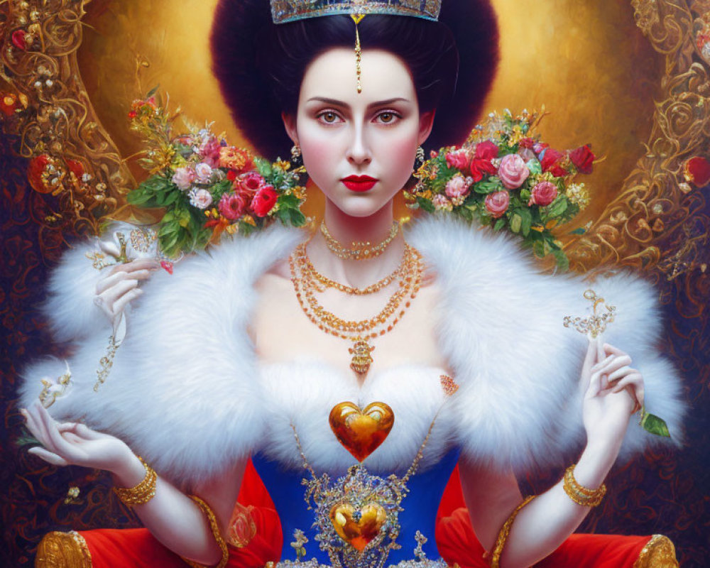 Regal woman with golden crown and jewel, surrounded by ornate patterns and flowers.