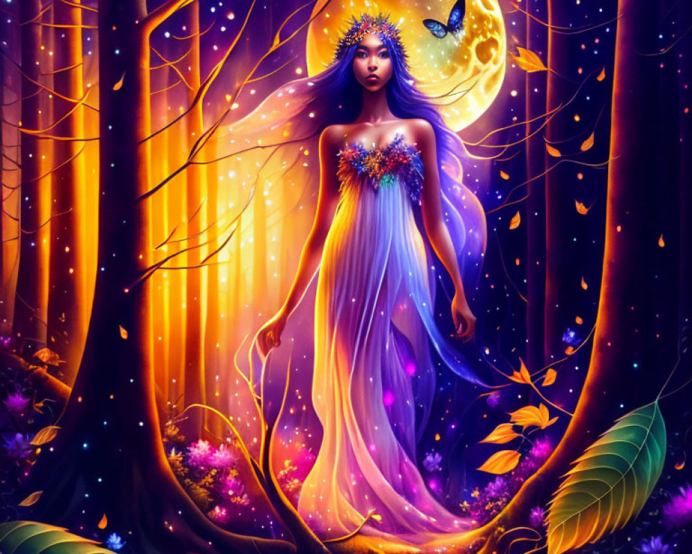 Mystical woman with starry hair in enchanted forest with butterflies under full moon