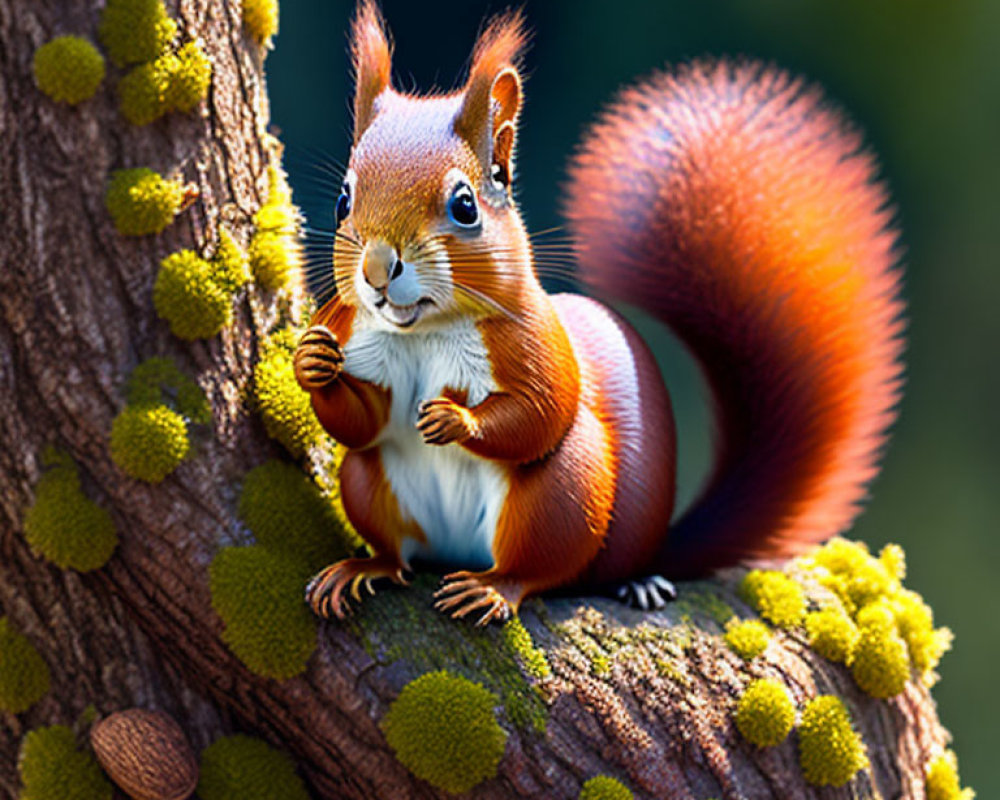 Colorful squirrel with bushy tail holding nut on mossy tree in soft green background