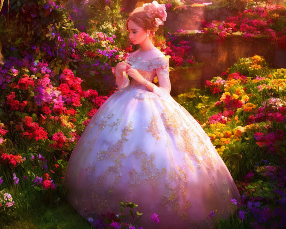 Woman in Floral Ball Gown Standing in Sunlit Garden