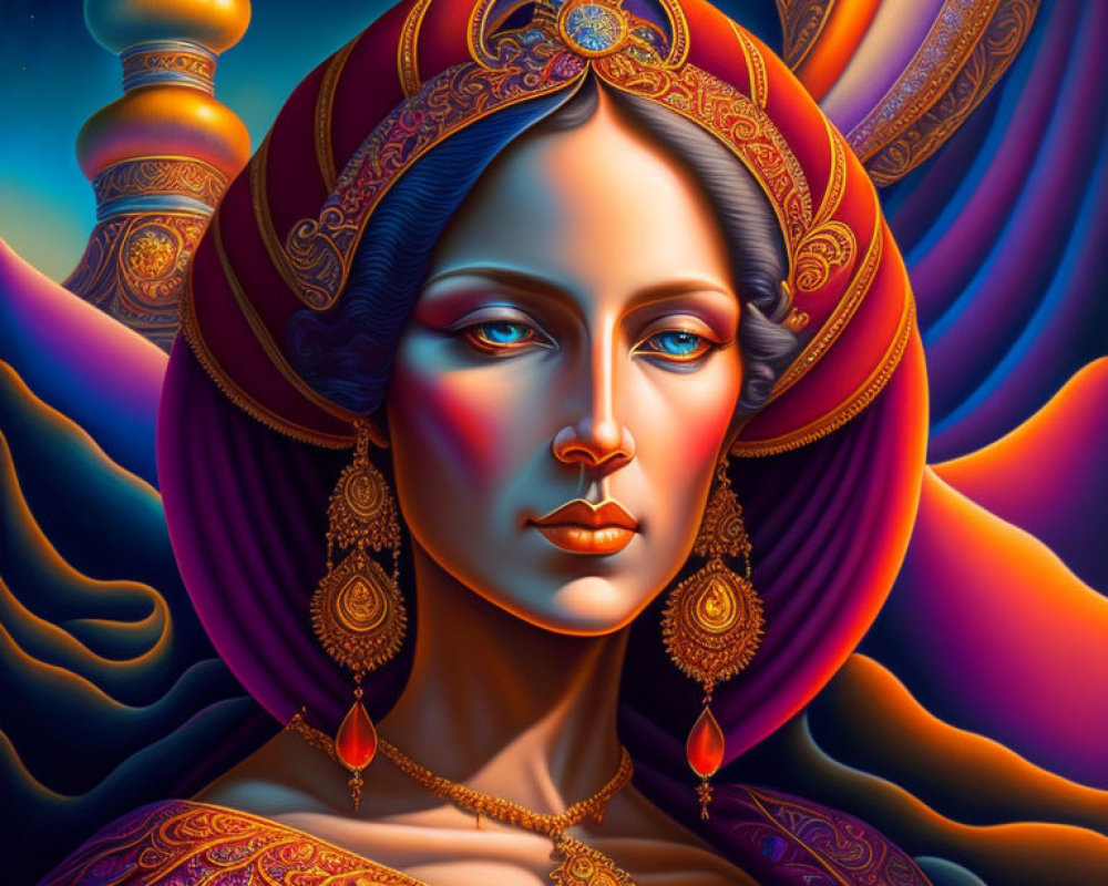 Vibrant illustration of a woman with exotic headwear and ornate jewelry