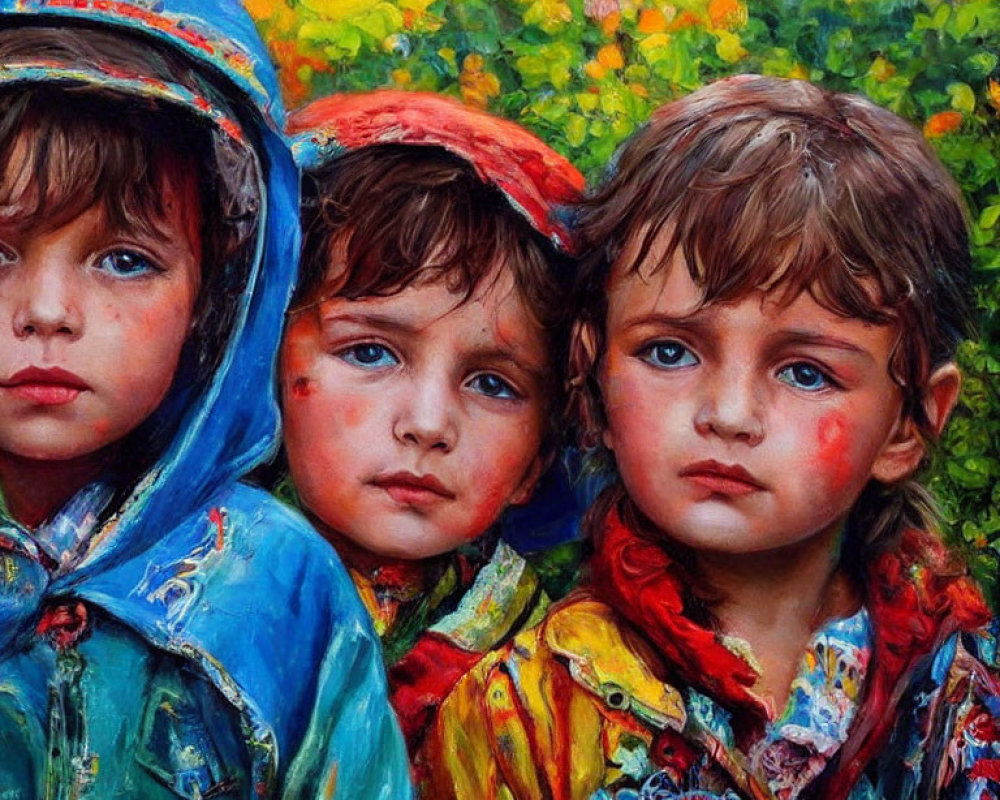 Three children in colorful raincoats with expressive eyes against yellow flower background