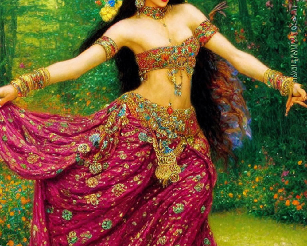 Woman in purple Indian outfit dancing in flower-filled meadow