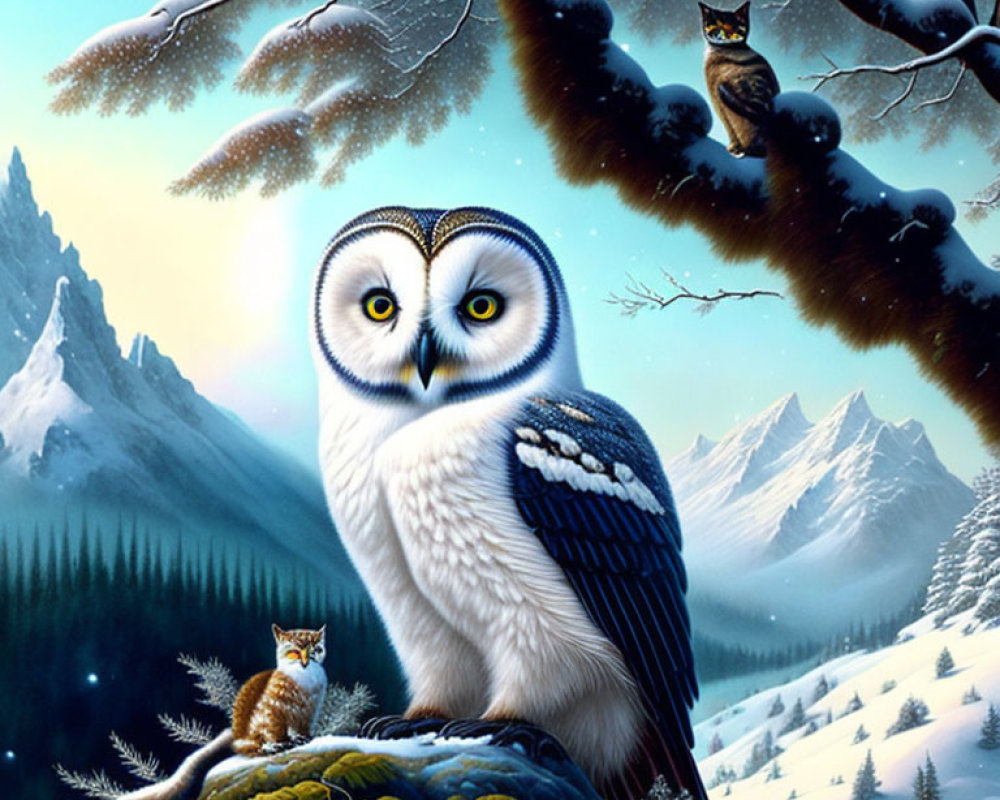 Large owl with penetrating eyes in snowy landscape with smaller owls, mountains, and pine trees