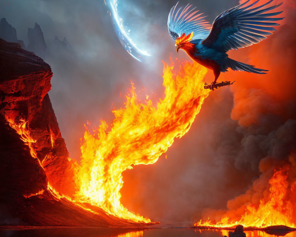 Mythological blue and orange bird flying over volcanic landscape