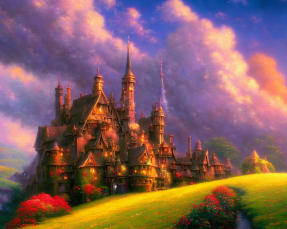 Majestic castle at sunset with lush greenery and red flowers