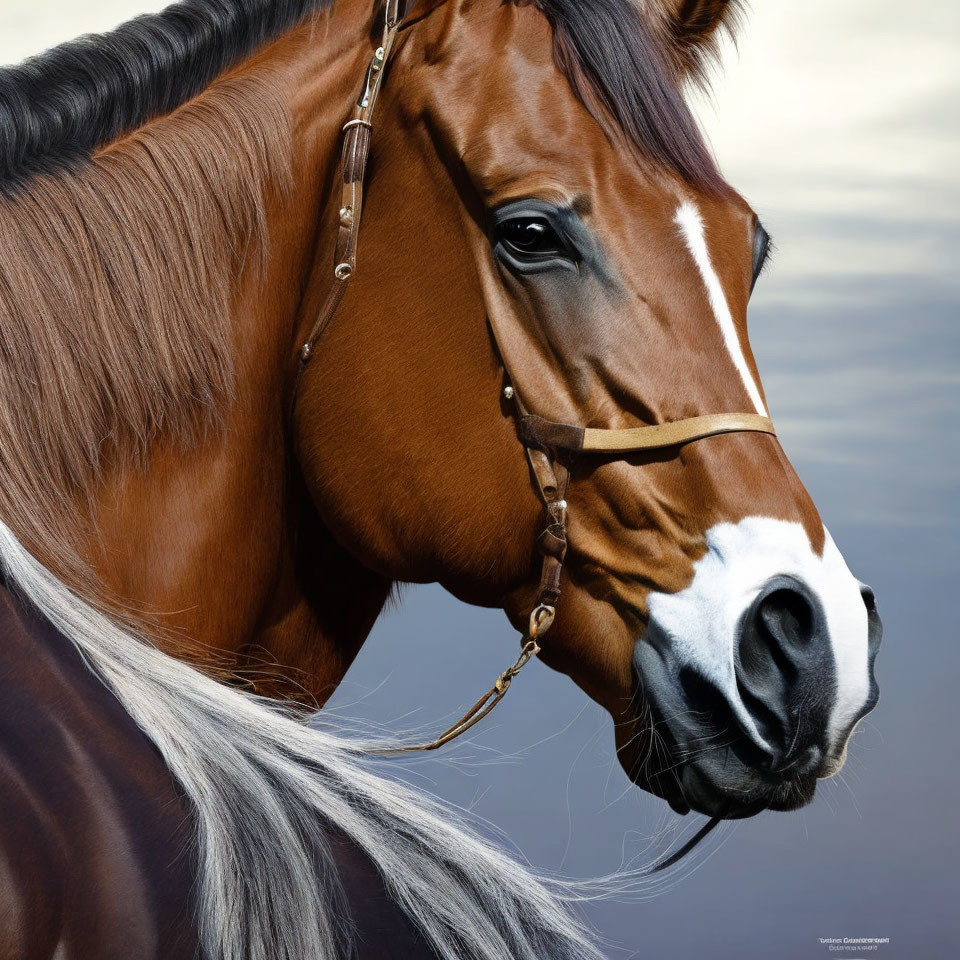 Brown horse with glossy coat wearing bridle and black & white mane on muted background