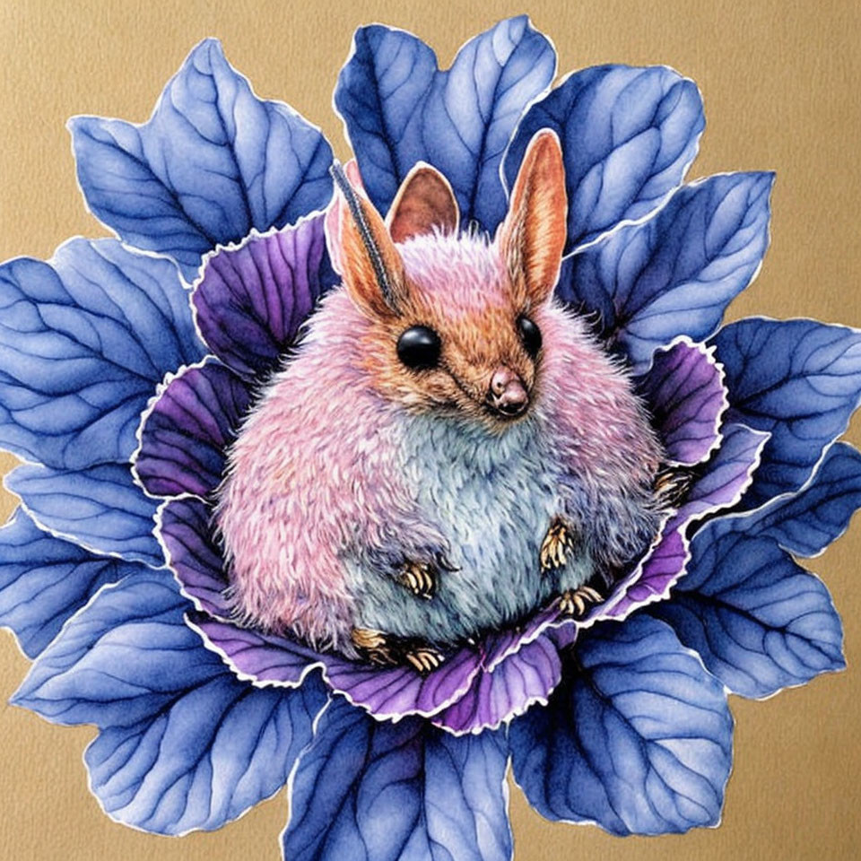 Vibrant Pink and Blue Bat in Blue Flower Illustration