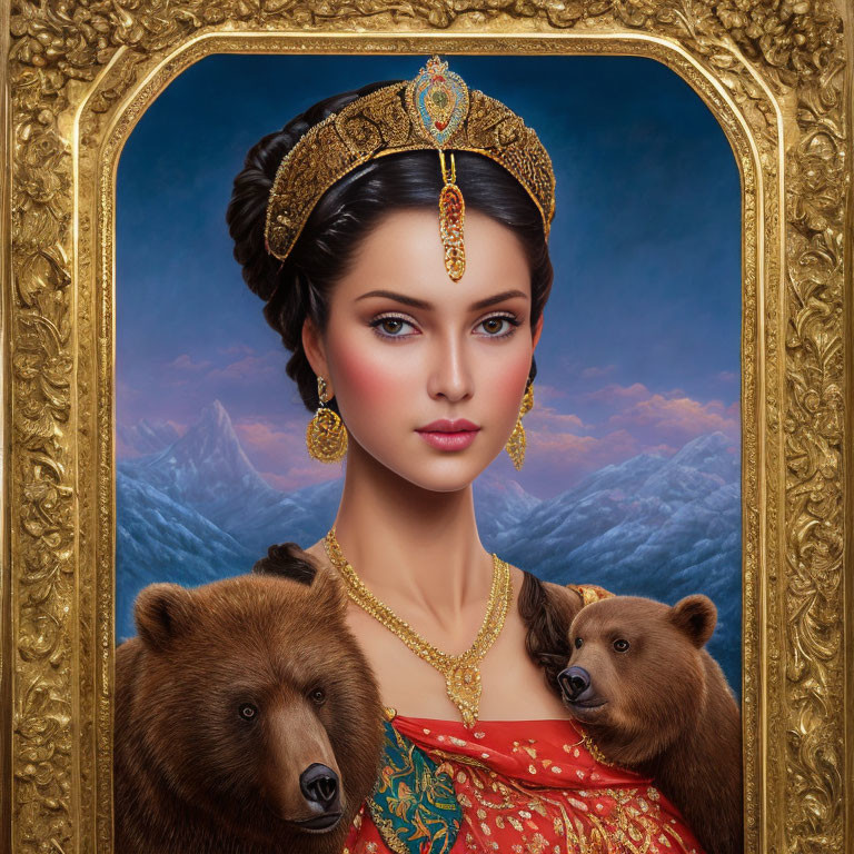 Portrait of Woman with Jeweled Headpiece and Bears in Mountainous Setting