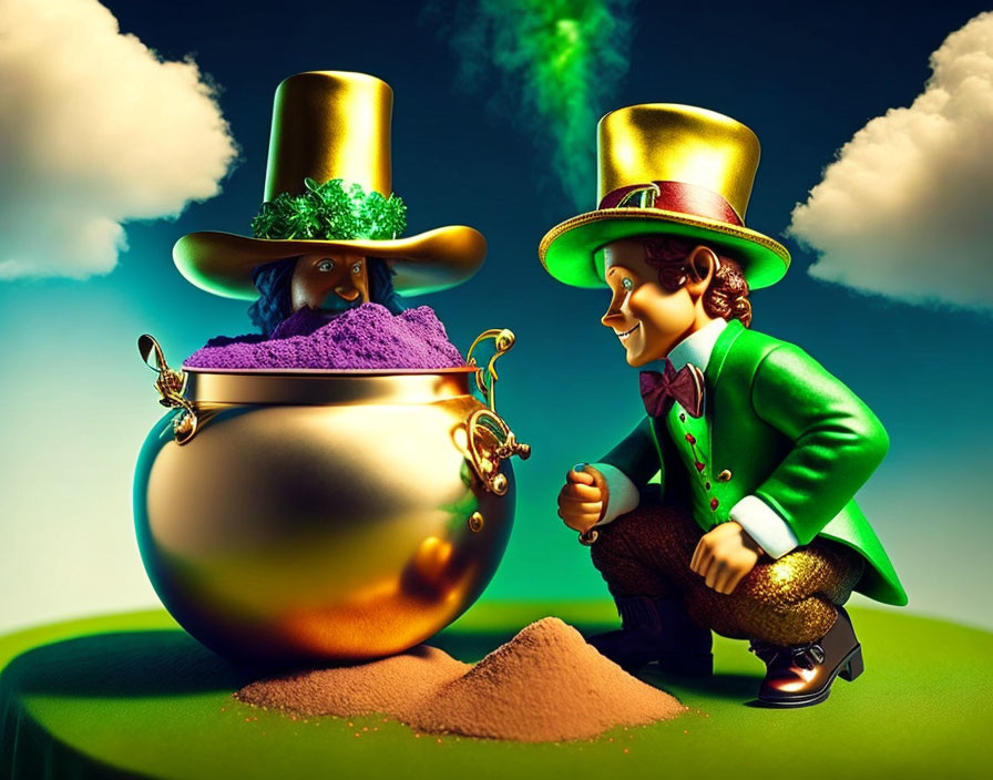 Vibrant cartoon characters in green outfits and tall hats