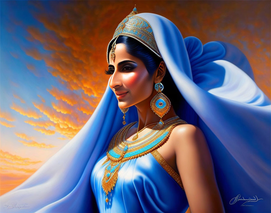 Woman in Blue with Elaborate Jewelry Gazing at Sunset Sky