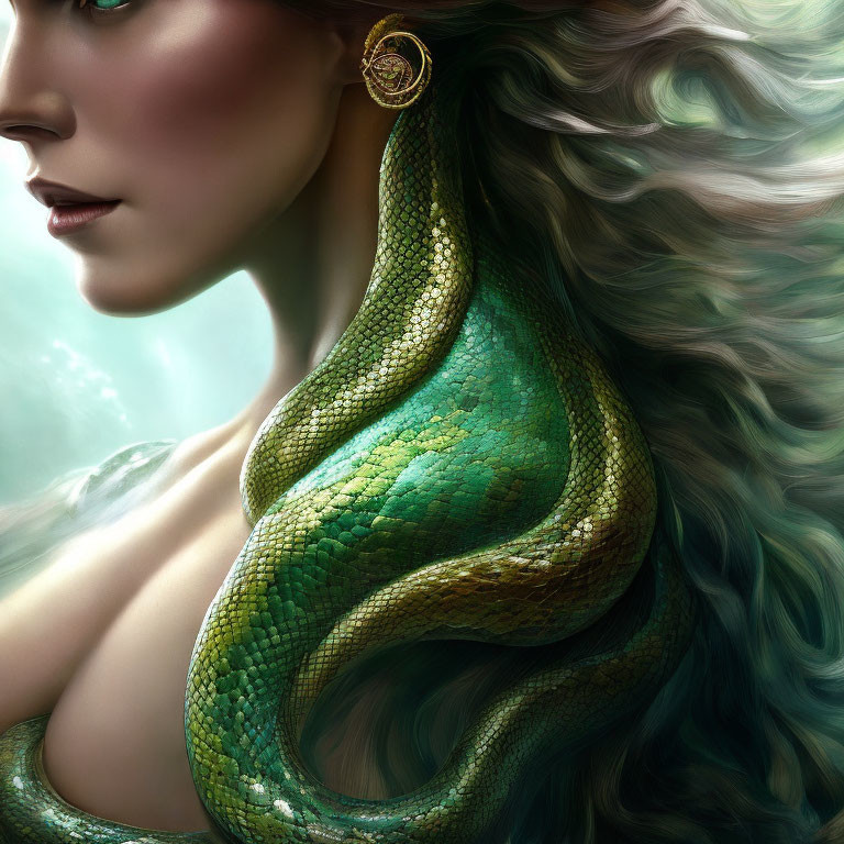 Digital artwork of woman with flowing hair and green snake on soft green background