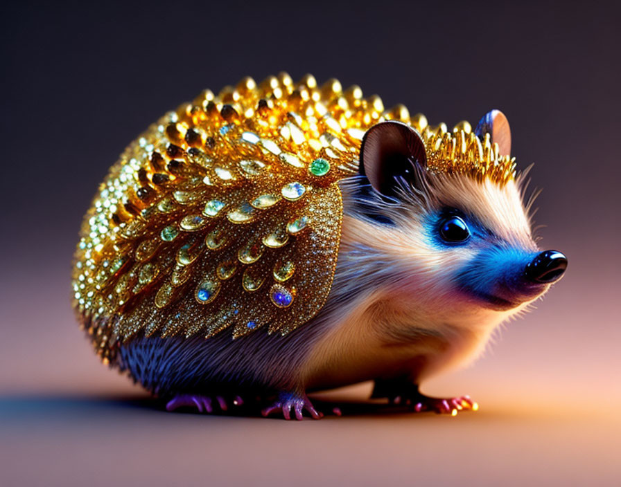 Hedgehog with golden jewelry and gemstones in regal fantasy style