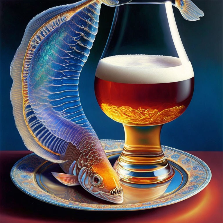 Colorful fish and beer glass illustration on ornate coaster