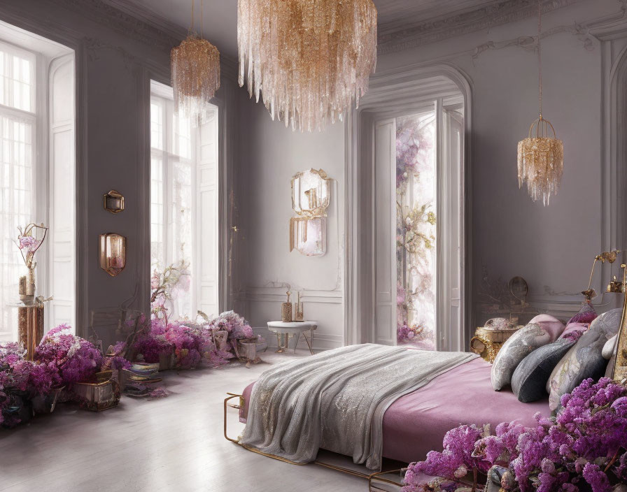 Elegant pastel pink themed bedroom with crystal chandeliers & floral decor