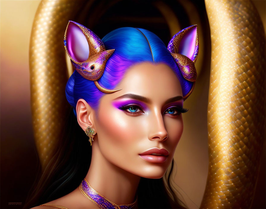 Vivid artwork: Woman with blue-purple hair, golden cat ears, and snake-like coil.