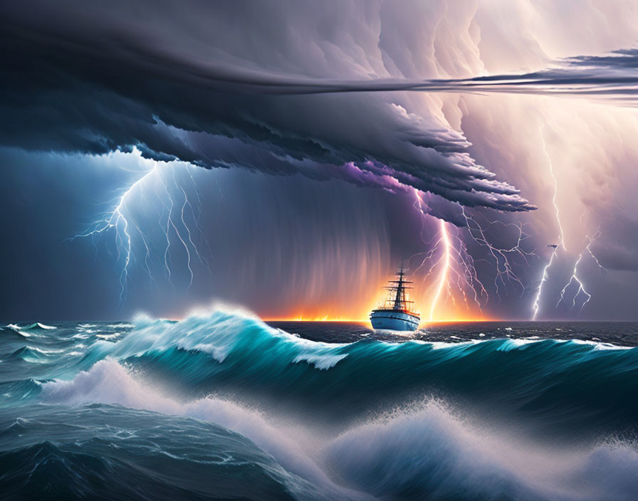 Ship sailing through stormy seas under dramatic sky with lightning and colorful clouds