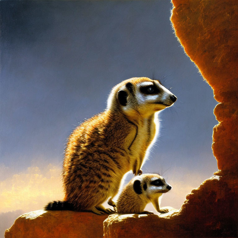 Two Meerkats on Rocky Ledge Under Warm Glowing Sky