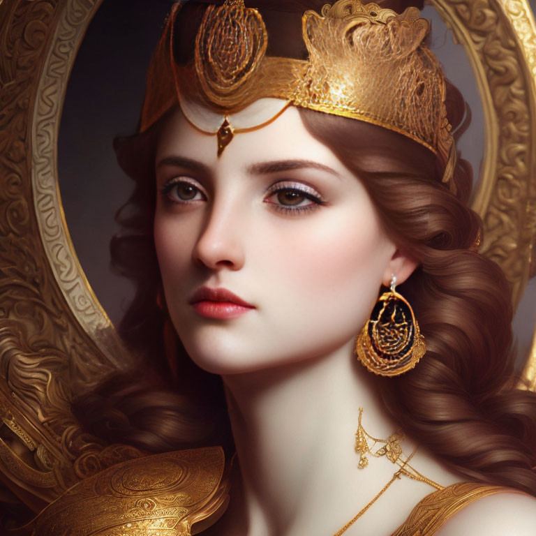 Regal woman with golden crown and mirror reflection.