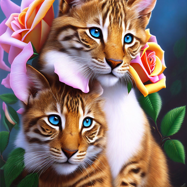 Blue-eyed Bengal cats surrounded by pink and orange roses on a deep blue background.