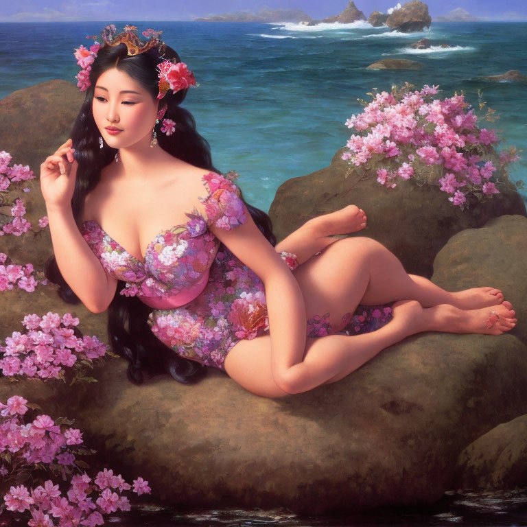 Woman in Floral Outfit Reclining by the Sea