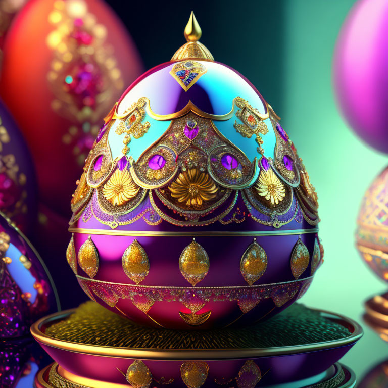 Intricate gold and purple jeweled egg on stand with ornate design