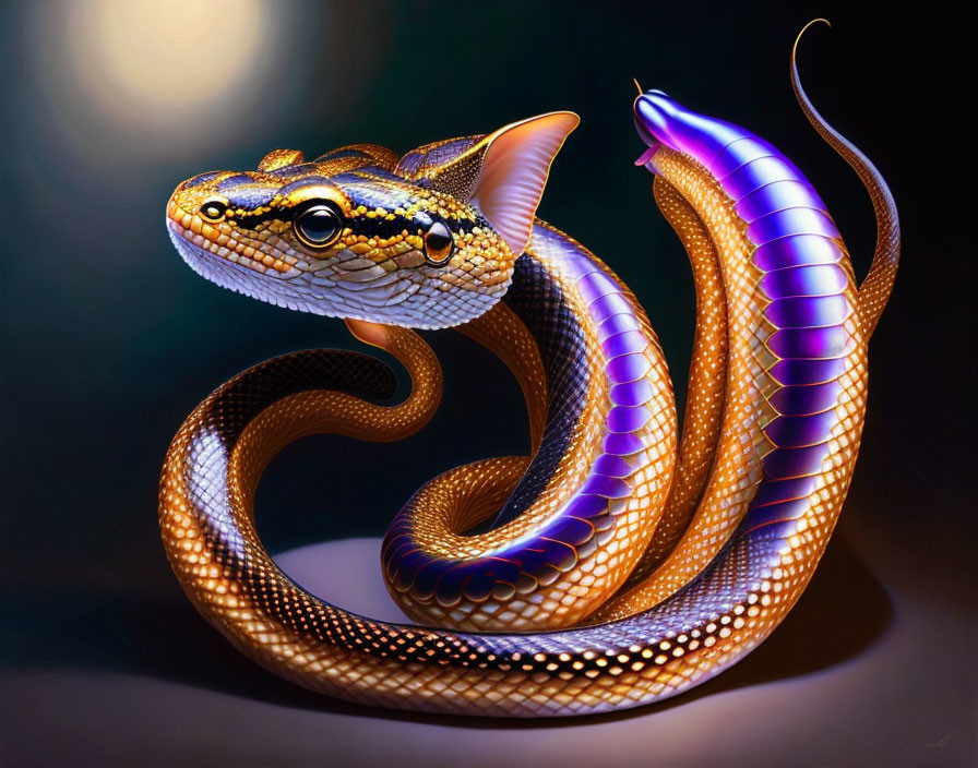 Vibrant snake digital artwork with iridescent scales and whimsical tail extension