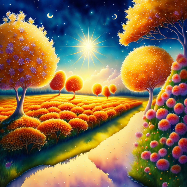 Colorful Starlit Landscape with Glowing Orange Trees and Bright Star