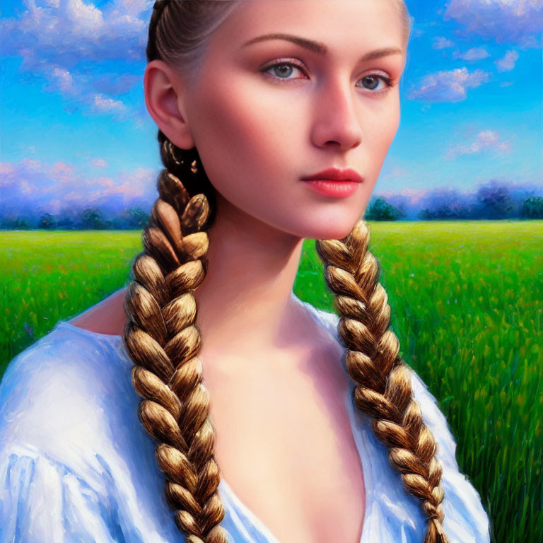 Woman with Braided Hair in Front of Blue Sky and Green Field