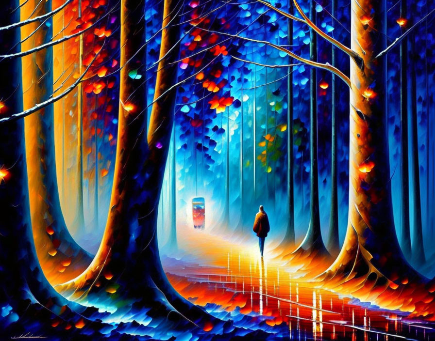 Colorful Painting of Person Walking Through Luminescent Forest