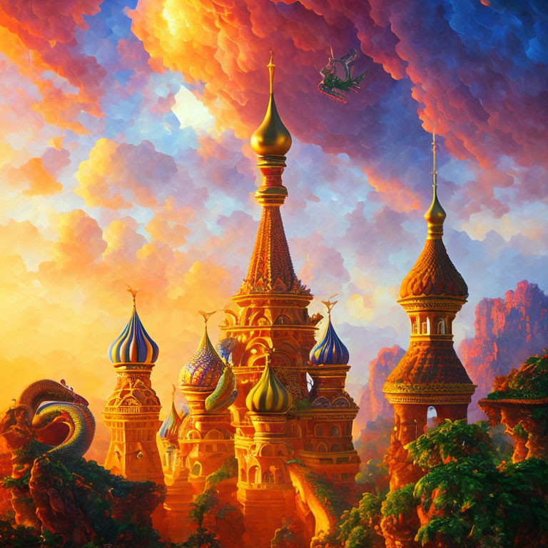 Fantastical castle with ornate towers and flying ship under dramatic sky