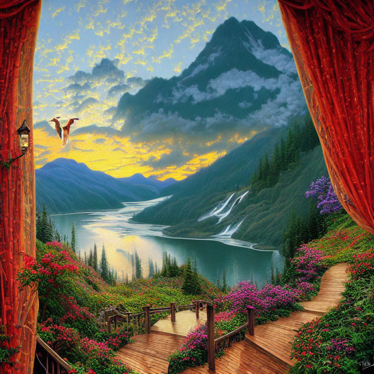 Scenic overlook painting with mountains, river, waterfall, greenery, birds, and wooden platform