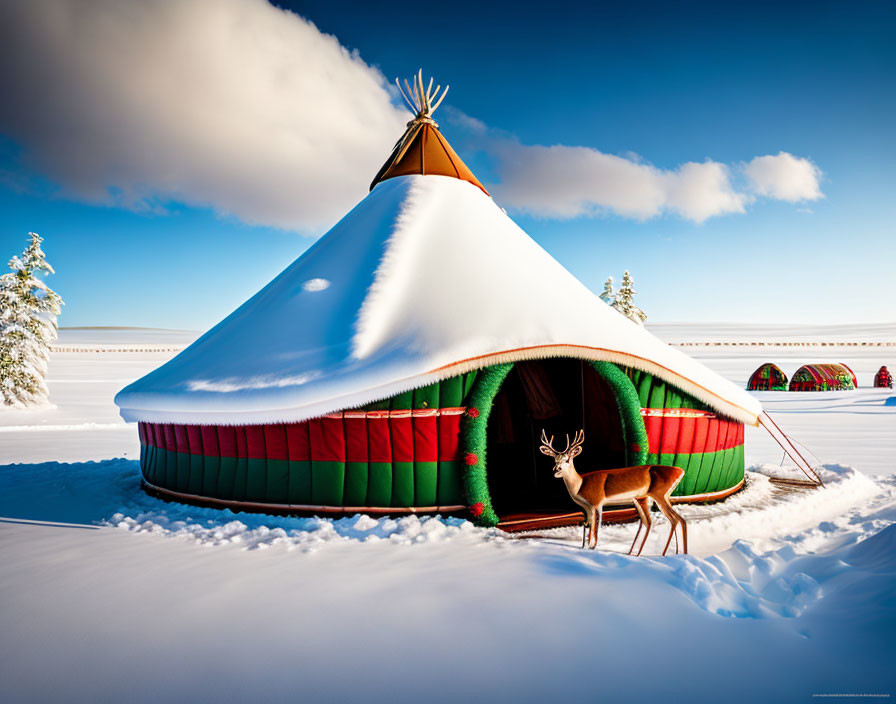 Snow-covered yurt with reindeer in wintry landscape