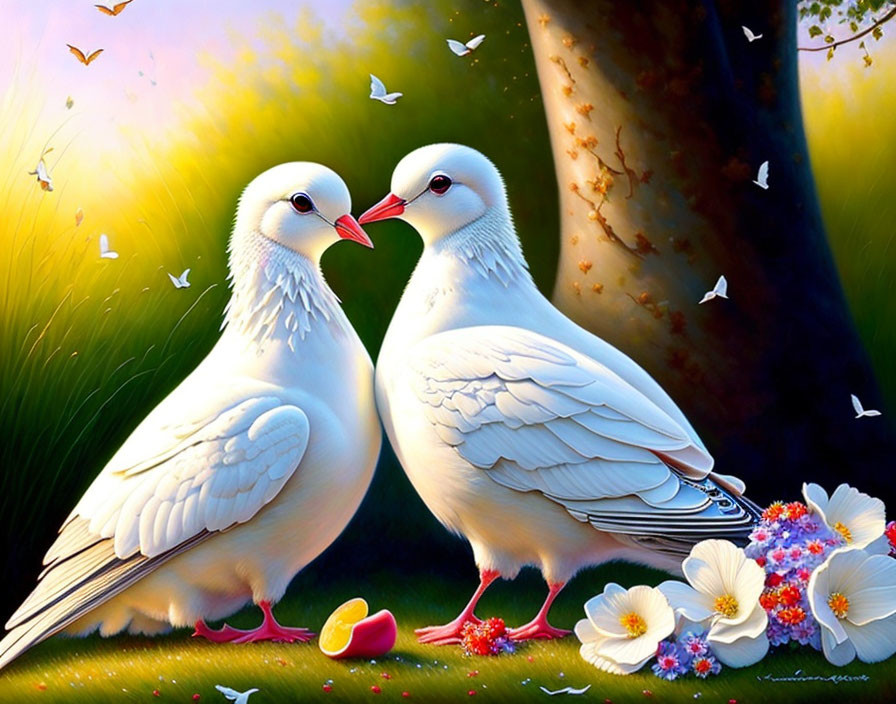 White doves with red beaks in colorful floral scene with butterflies, meadow, and tree.