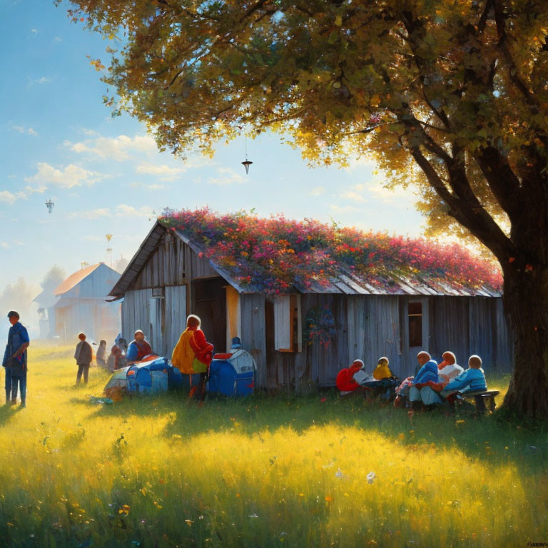 Rustic outdoor scene with people near wooden sheds and blooming flowers