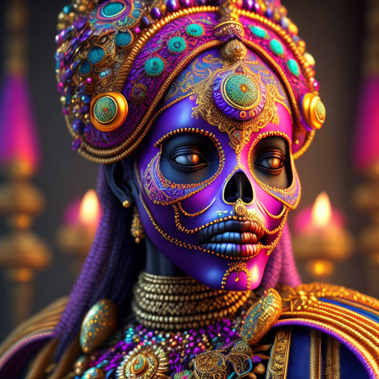 Colorful 3D digital artwork: Skull-faced figure in luxurious jewelry against soft lights