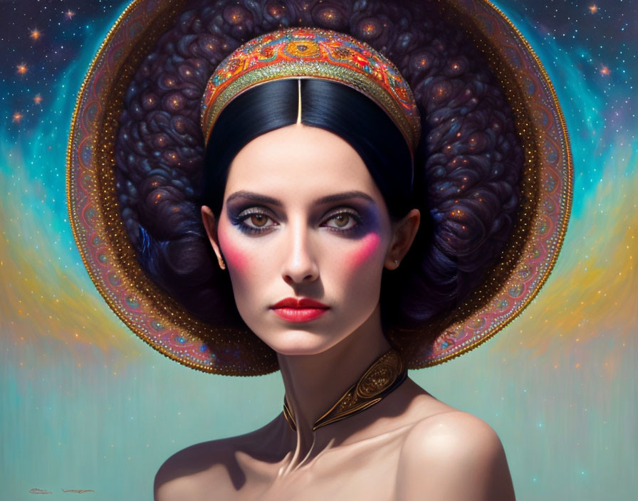 Detailed digital portrait of a woman with ornate headwear, brunette curls, pale skin, and cosmic