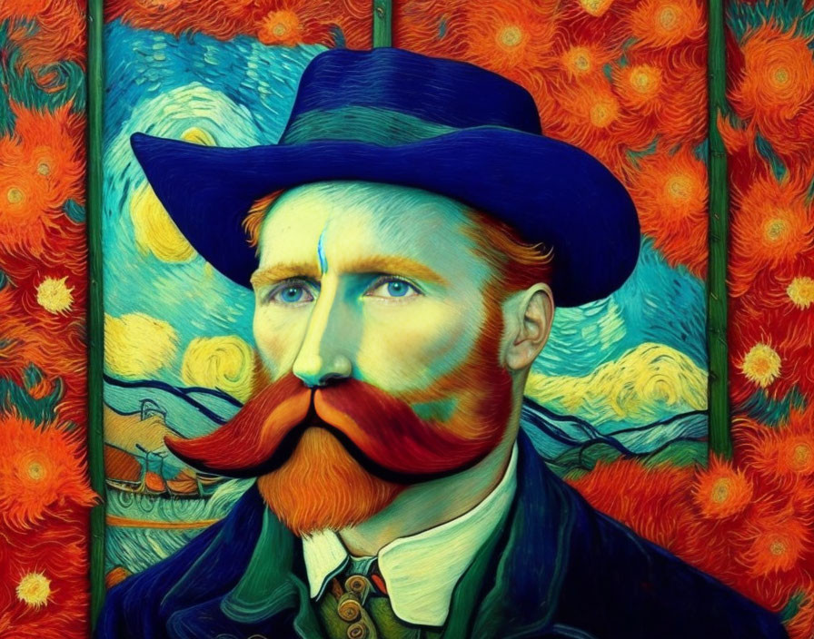 Colorful Artwork of Bearded Man in Blue Hat with Floral Background