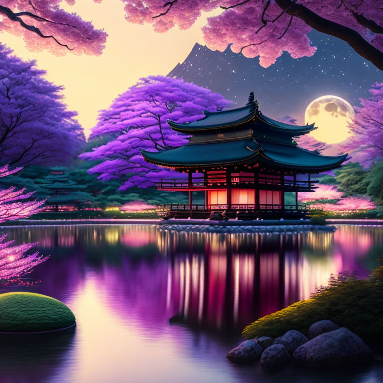 Japanese Pagoda Surrounded by Cherry Blossoms at Moonlit Lake