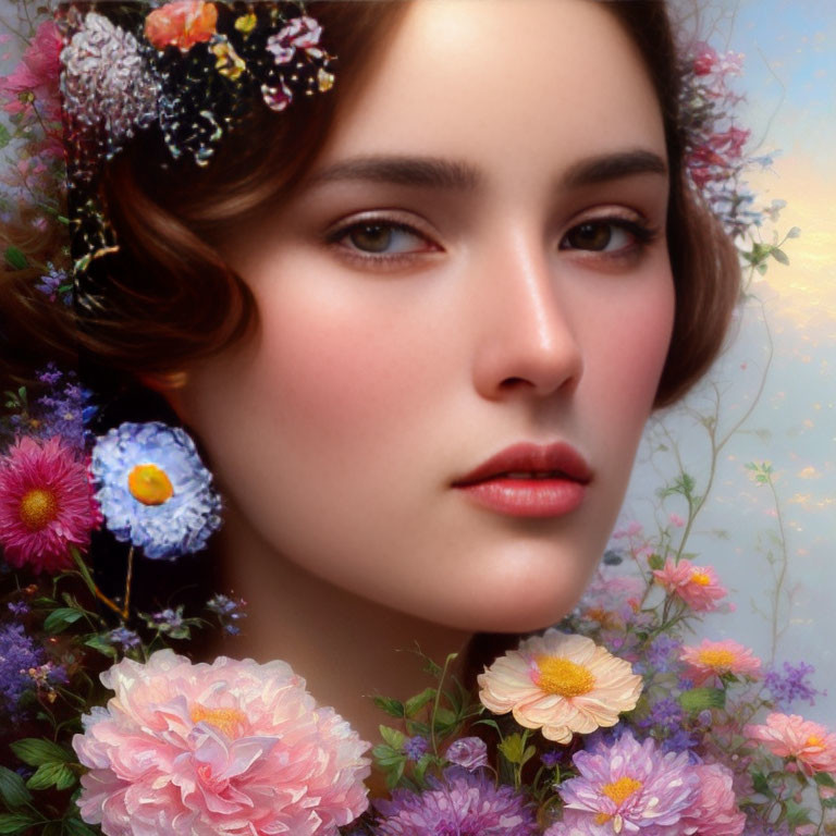 Colorful flowers blend with woman's hair in ethereal portrait