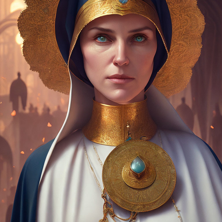 Digital portrait of woman with blue eyes in gold headdress and cloak