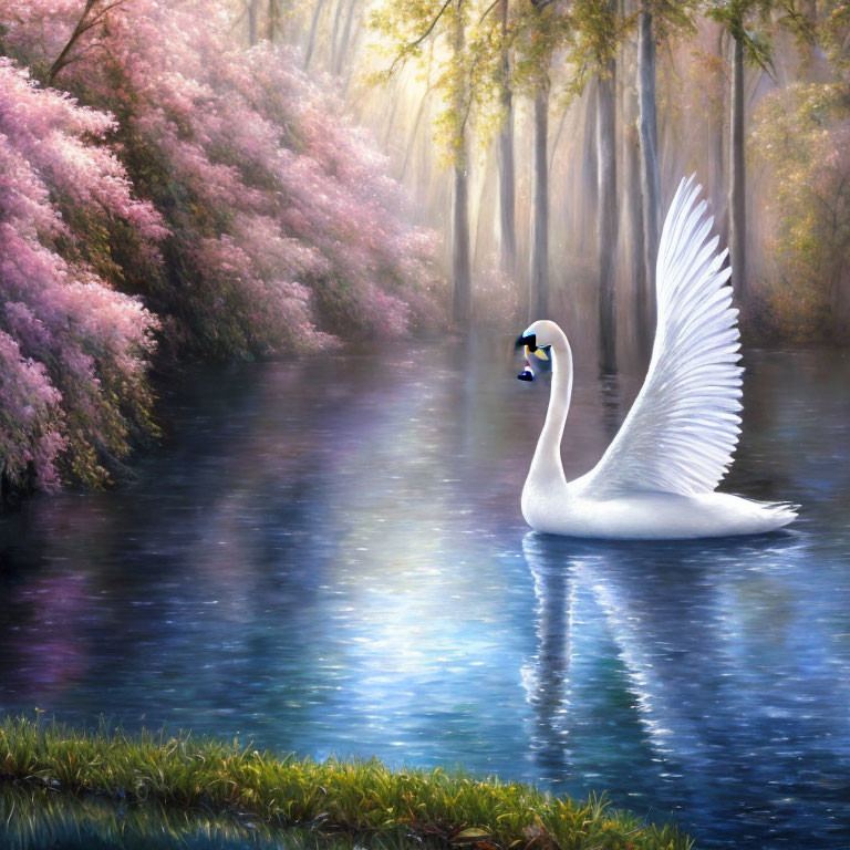 Majestic swan gliding on tranquil river in misty forest with pink blossoming trees