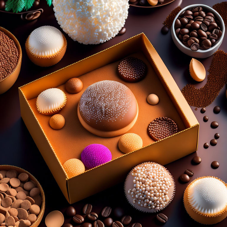 Luxurious Chocolates and Truffles in Golden Box with Coffee Beans