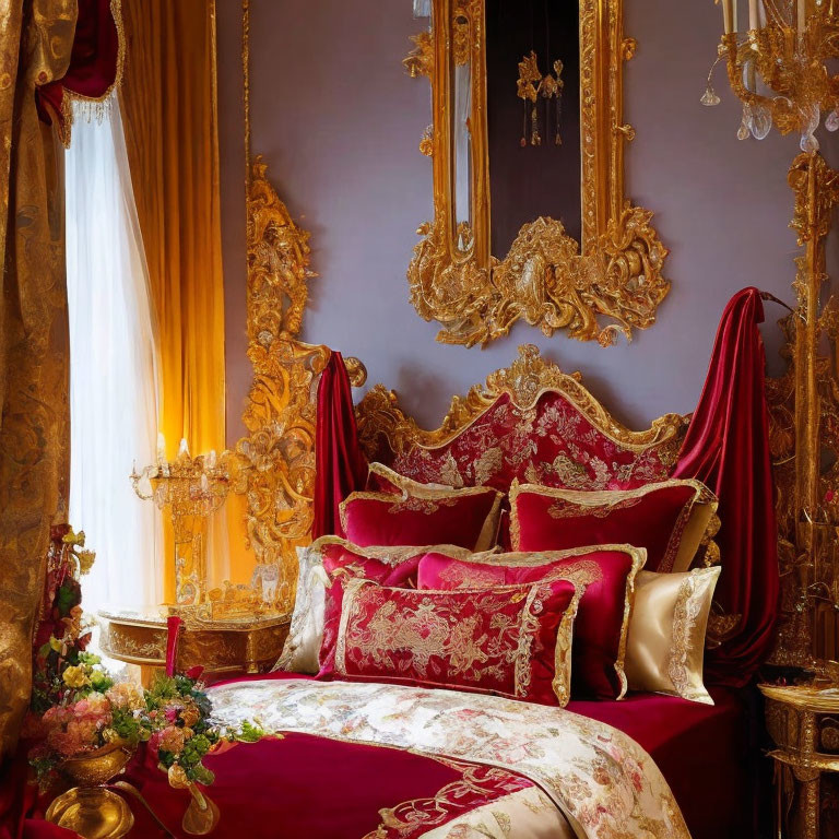 Luxurious Gold and Red Canopy Bed with Ornate Mirror and Rich Drapery