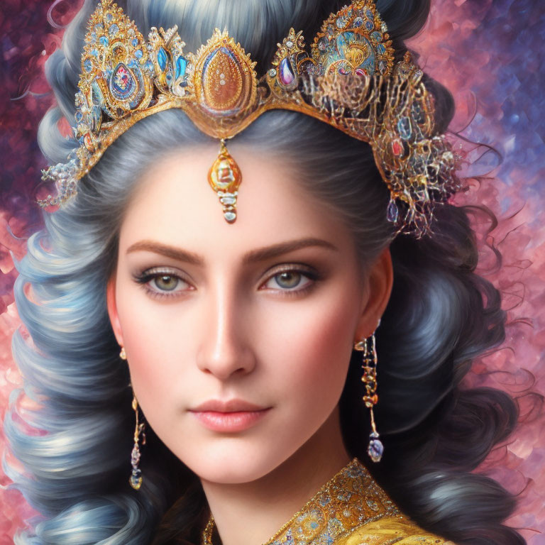 Portrait of woman with blue hair and ornate golden crown with gemstones.