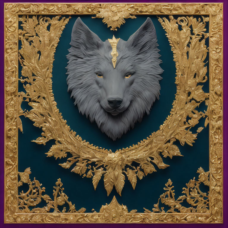 Realistic wolf head sculpture in golden leaf frame on teal background