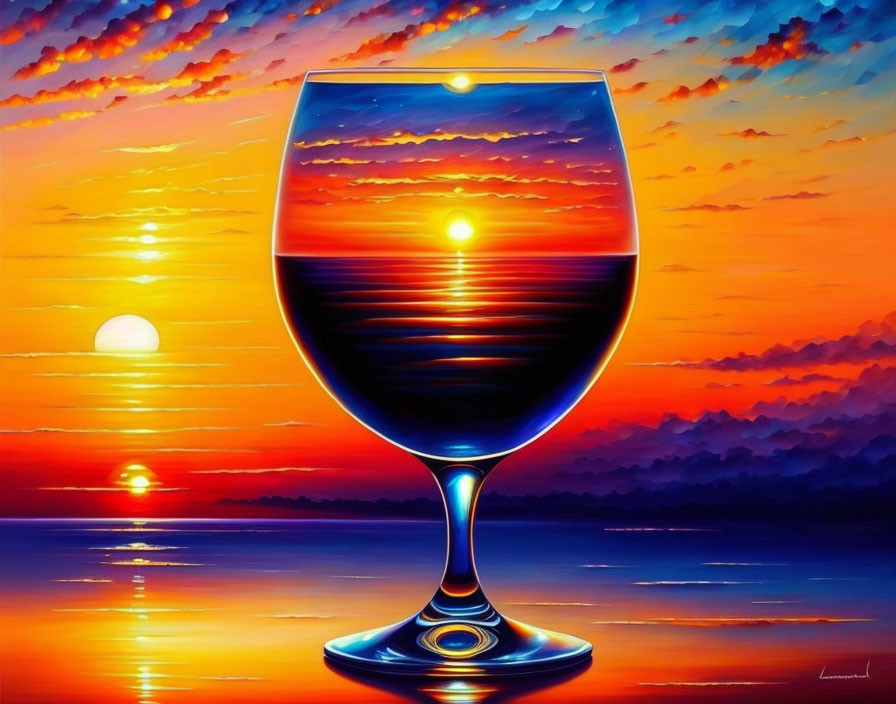 Sunset painting with clouds reflected in wine glass