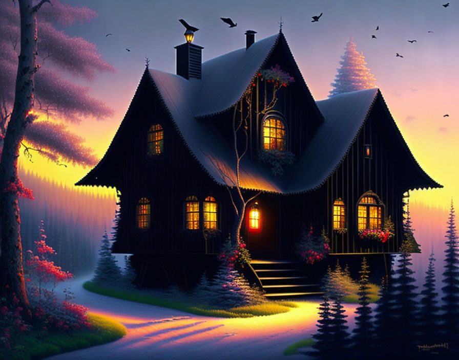 Enchanting forest scene with glowing cottage, twilight hues, vibrant flowers, and birds